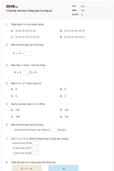 10 bài tập Toán lớp 3: Bảng nhân 9 có đáp án