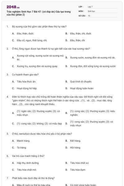 Trắc nghiệm Sinh Học 7 Bài 47: (có đáp án) Cấu tạo trong của thỏ (phần 2)
