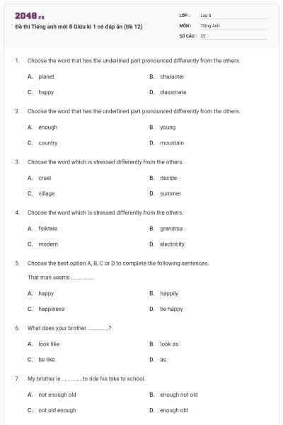 Đề thi Tiếng anh mới 8 Giữa kì 1 có đáp án (Đề 12)