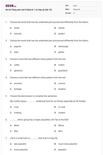 Đề thi Tiếng anh mới 8 Giữa kì 1 có đáp án (Đề 15)