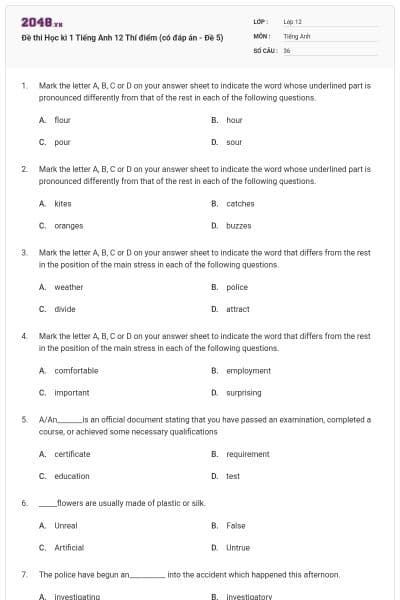 Đề thi Học kì 1 Tiếng Anh 12 Thí điểm (có đáp án - Đề 5)