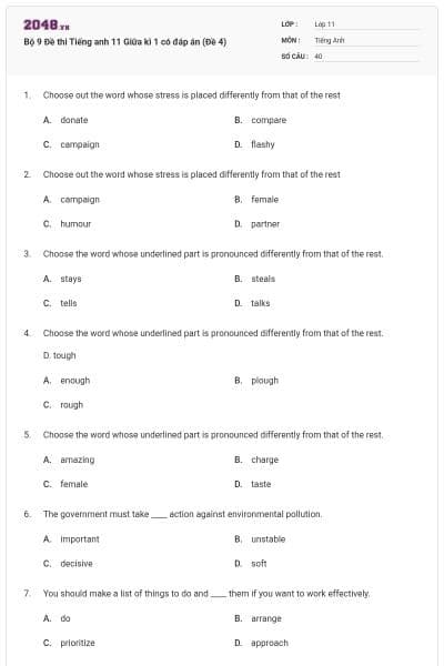 Bộ 9 Đề thi Tiếng anh 11 Giữa kì 1 có đáp án (Đề 4)