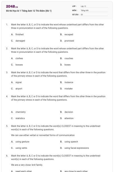 Đề thi Học kì 1 Tiếng Anh 12 Thí điểm (Đề 1)