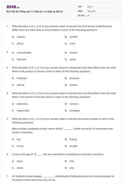 Bộ 9 Đề thi Tiếng anh 11 Giữa kì 1 có đáp án (Đề 6)
