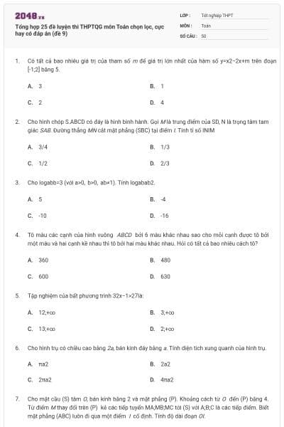 Tổng hợp 25 đề luyện thi THPTQG môn Toán chọn lọc, cực hay có đáp án (đề 9)