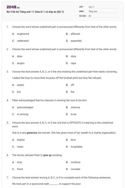 Bộ 9 Đề thi Tiếng anh 11 Giữa kì 1 có đáp án (Đề 7)