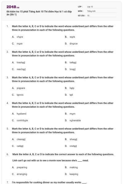 Đề kiểm tra 15 phút Tiếng Anh 10 Thí điểm Học kì 1 có đáp án (Đề 1)
