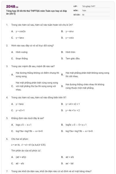 Tổng hợp 20 đề thi thử THPTQG môn Toán cực hay có đáp án (đề 5)