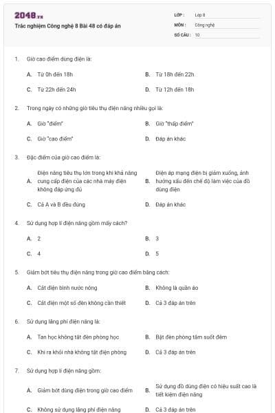 Trắc nghiệm Công nghệ 8 Bài 48 có đáp án