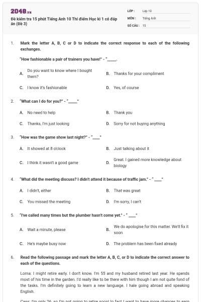 Đề kiểm tra 15 phút Tiếng Anh 10 Thí điểm Học kì 1 có đáp án (Đề 3)