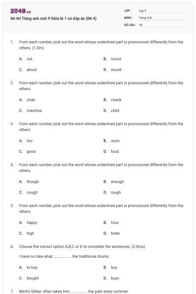 Đề thi Tiếng anh mới 9 Giữa kì 1 có đáp án (Đề 4)