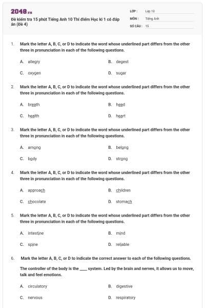 Đề kiểm tra 15 phút Tiếng Anh 10 Thí điểm Học kì 1 có đáp án (Đề 4)