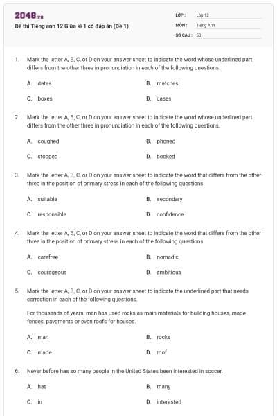 Đề thi Tiếng anh 12 Giữa kì 1 có đáp án (Đề 1)