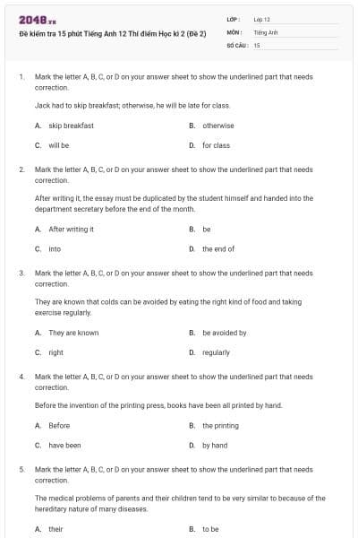 Đề kiểm tra 15 phút Tiếng Anh 12 Thí điểm Học kì 2 (Đề 2)