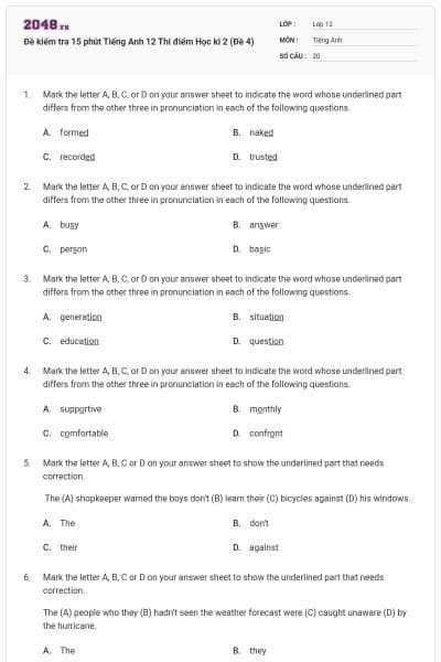 Đề kiểm tra 15 phút Tiếng Anh 12 Thí điểm Học kì 2 (Đề 4)