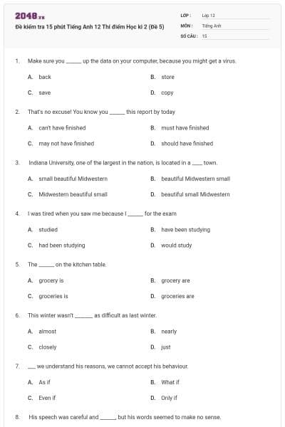 Đề kiểm tra 15 phút Tiếng Anh 12 Thí điểm Học kì 2 (Đề 5)
