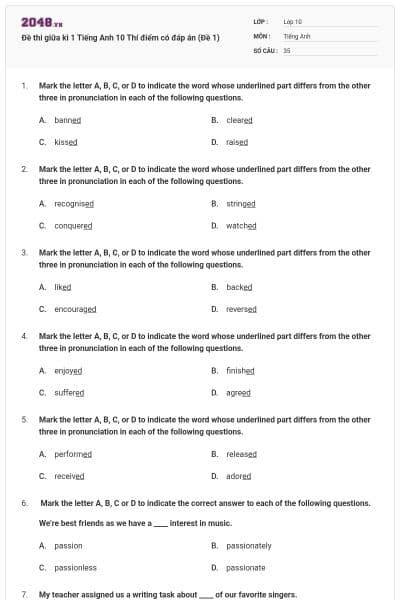 Đề thi giữa kì 1 Tiếng Anh 10 Thí điểm có đáp án (Đề 1)
