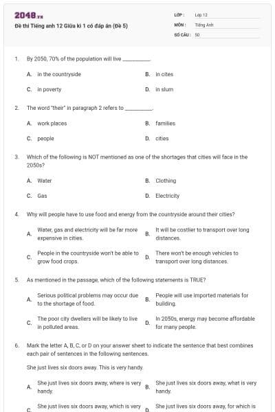 Đề thi Tiếng anh 12 Giữa kì 1 có đáp án (Đề 5)