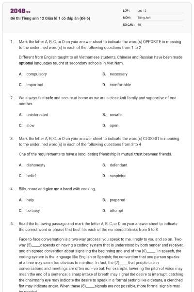 Đề thi Tiếng anh 12 Giữa kì 1 có đáp án (Đề 6)