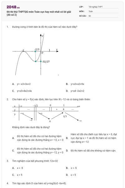 Đè thi thử THPTQG môn Toán cực hay mới nhất có lời giải (đề số 2)