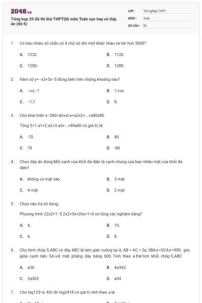 Tổng hợp 20 đề thi thử THPTQG môn Toán cực hay có đáp án (đề 6)