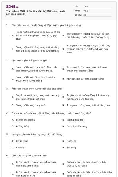 Trắc nghiệm Vật Lí 7 Bài 2(có đáp án): Bài tập sự truyền ánh sáng (phần 2)