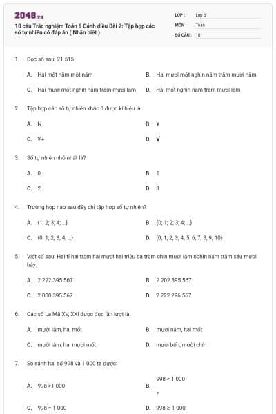 10 câu Trắc nghiệm Toán 6 Cánh diều Bài 2: Tập hợp các số tự nhiên có đáp án ( Nhận biết )