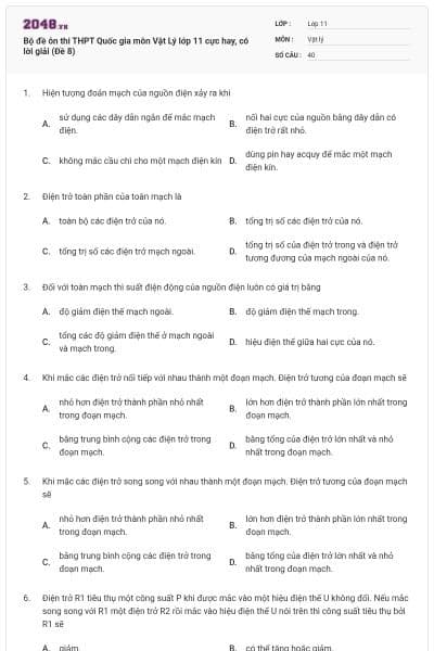 Bộ đề ôn thi THPT Quốc gia môn Vật Lý lớp 11 cực hay, có lời giải (Đề 8)
