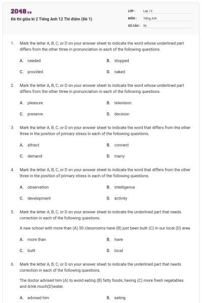 Đề thi giữa kì 2 Tiếng Anh 12 Thí điểm (Đề 1)