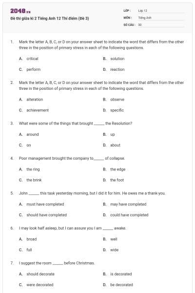 Đề thi giữa kì 2 Tiếng Anh 12 Thí điểm (Đề 3)