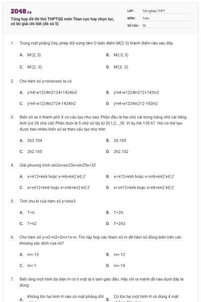 Tổng hợp đề thi thử THPTQG môn Tóan cực hay chọn lọc, có lời giải chi tiết (đề số 5)