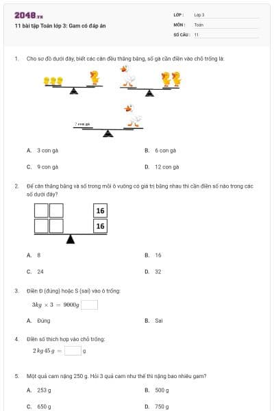 11 bài tập Toán lớp 3: Gam có đáp án