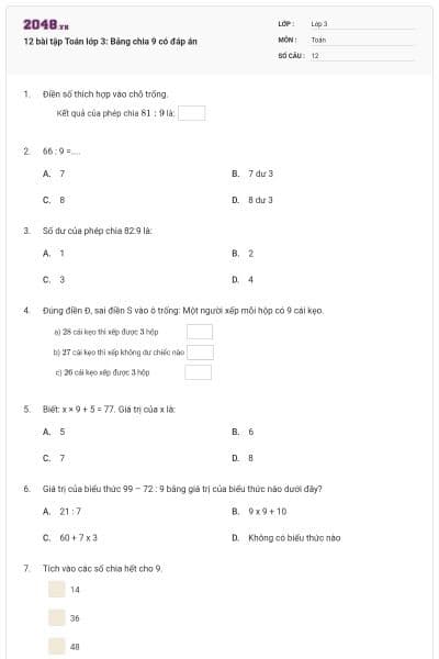 12 bài tập Toán lớp 3: Bảng chia 9 có đáp án