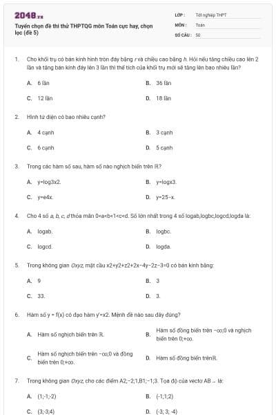 Tuyển chọn đề thi thử THPTQG môn Toán cực hay, chọn lọc (đề 5)