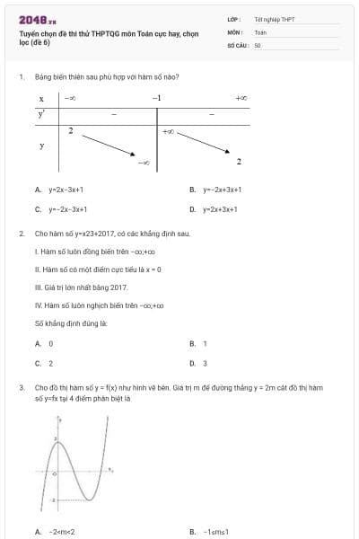 Tuyển chọn đề thi thử THPTQG môn Toán cực hay, chọn lọc (đề 6)