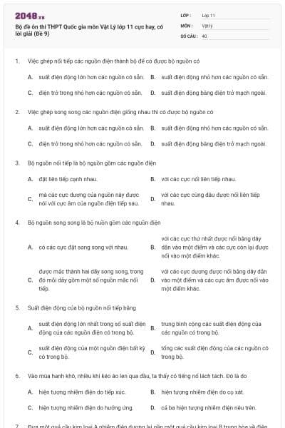 Bộ đề ôn thi THPT Quốc gia môn Vật Lý lớp 11 cực hay, có lời giải (Đề 9)