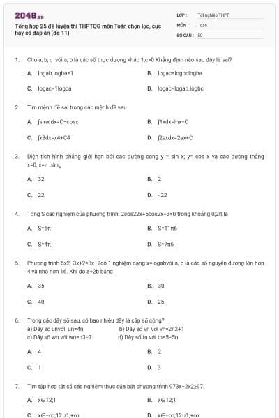 Tổng hợp 25 đề luyện thi THPTQG môn Toán chọn lọc, cực hay có đáp án (đề 11)