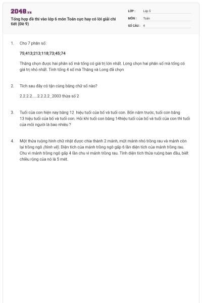 Tổng hợp đề thi vào lớp 6 môn Toán cực hay có lời giải chi tiết (Đề 9)