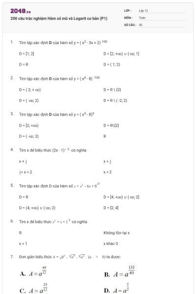 200 câu trắc nghiệm Hàm số mũ và Logarit cơ bản (P1)
