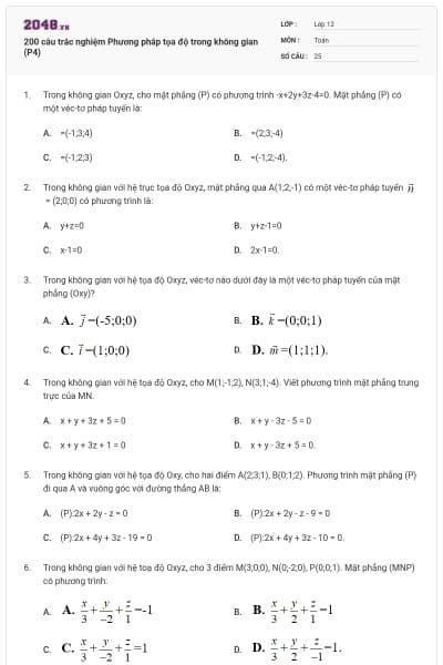 200 câu trắc nghiệm Phương pháp tọa độ trong không gian (P4)
