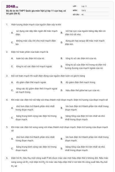 Bộ đề ôn thi THPT Quốc gia môn Vật Lý lớp 11 cực hay, có lời giải (Đề 8)
