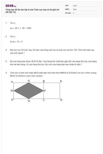Tổng hợp đề thi vào lớp 6 môn Toán cực hay có lời giải chi tiết (Đề 12)