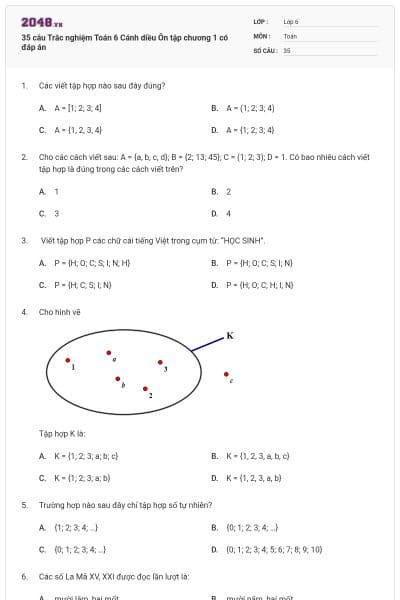 35 câu Trắc nghiệm Toán 6 Cánh diều Ôn tập chương 1 có đáp án