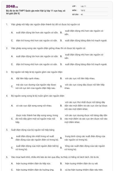 Bộ đề ôn thi THPT Quốc gia môn Vật Lý lớp 11 cực hay, có lời giải (Đề 9)