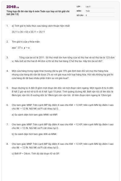 Tổng hợp đề thi vào lớp 6 môn Toán cực hay có lời giải chi tiết (Đề 13)