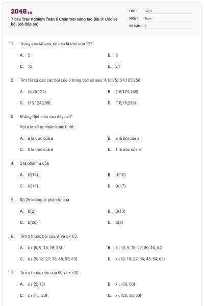 7 câu Trắc nghiệm Toán 6 Chân trời sáng tạo Bài 9: Ước và bội (có đáp án)