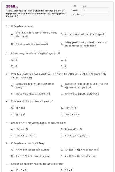 11 câu Trắc nghiệm Toán 6 Chân trời sáng tạo Bài 10: Số nguyên tố. Hợp số. Phân tích một số ra thừa số nguyên tố (có đáp án)