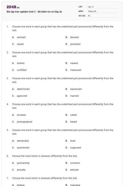 Bài tập trắc nghiệm Unit 2 - Đề kiểm tra có đáp án