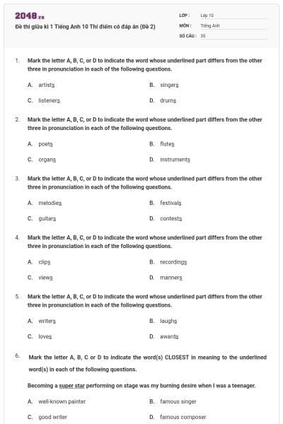 Đề thi giữa kì 1 Tiếng Anh 10 Thí điểm có đáp án (Đề 2)