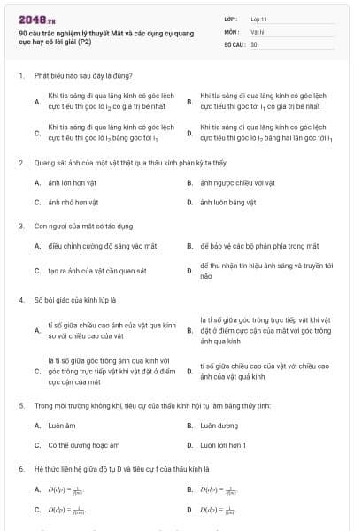 90 câu trắc nghiệm lý thuyết Mắt và các dụng cụ quang cực hay có lời giải (P2)